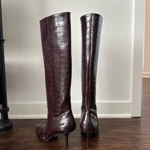 Elegant Burgundy Croc-Embossed Knee-High Boots
